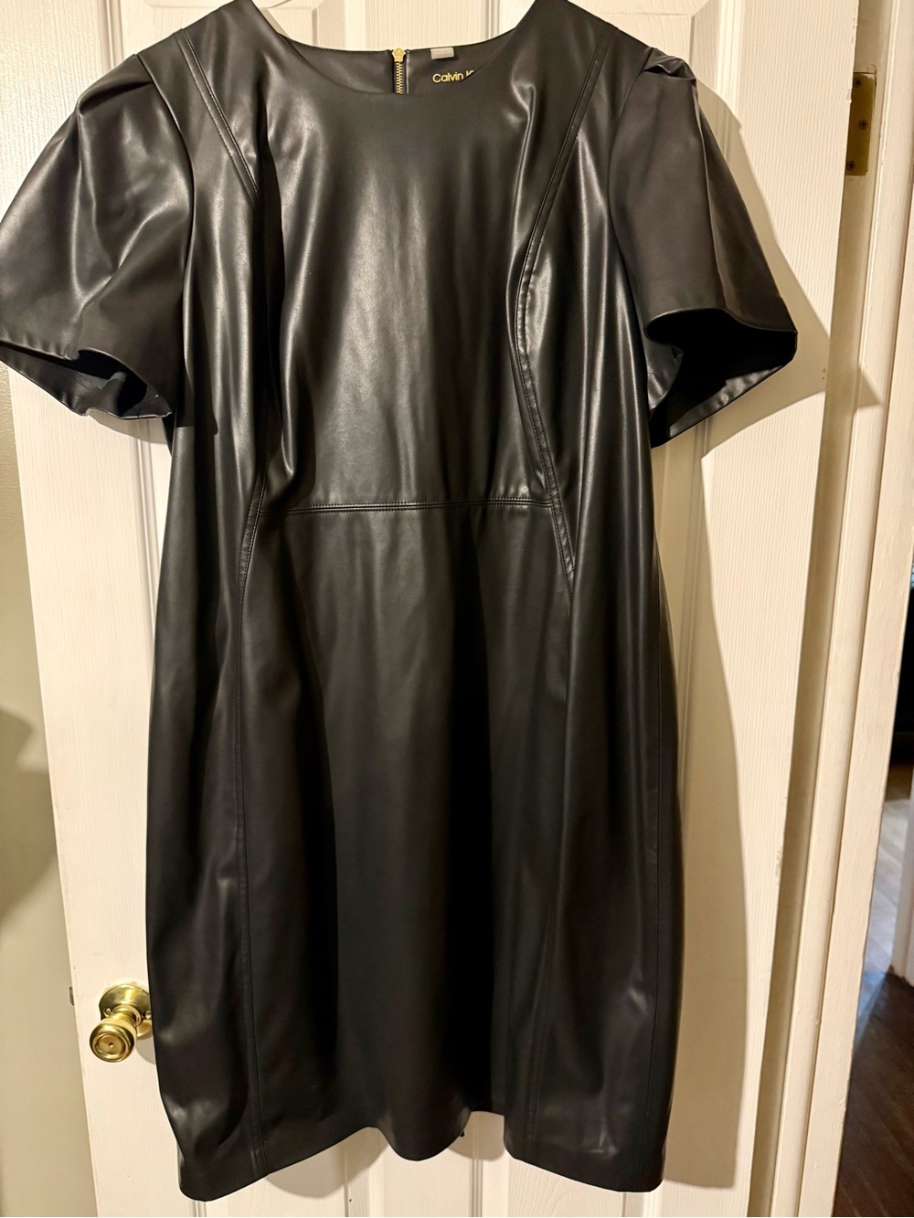 Calvin Klein Black Faux Leather Dress with Gold Accent NWT